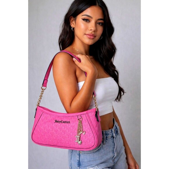 NWT Juicy Couture Pink Embossed Logo Crescent Shoulder Bag Gold Chain Charm - Picture 2 of 9